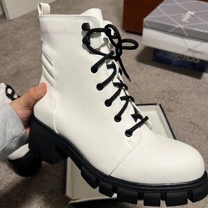 MIA Women's White Lace-Up Combat Boots | Chunky Lugged Sole Heeled Boots